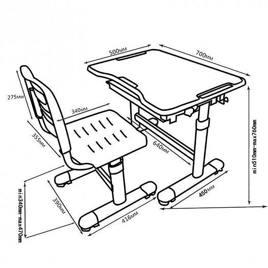 Комплект с партой и стулом "Sole" - Схема, размеры