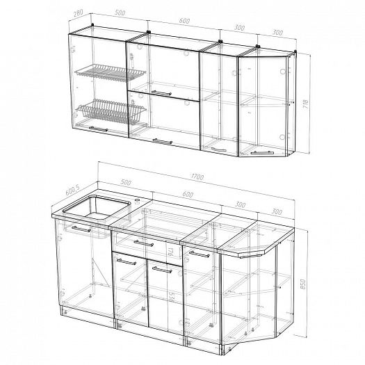 Кухонный гарнитур "Кира демо"  1700 мм - Кухонный гарнитур Кира демо 1700 - размеры