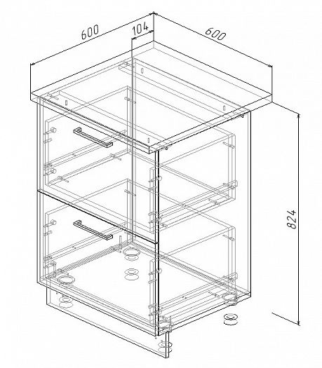 Модуль нижний 2 ящика "Дели" Арт. МН2Я 60 (без столешницы) - схема